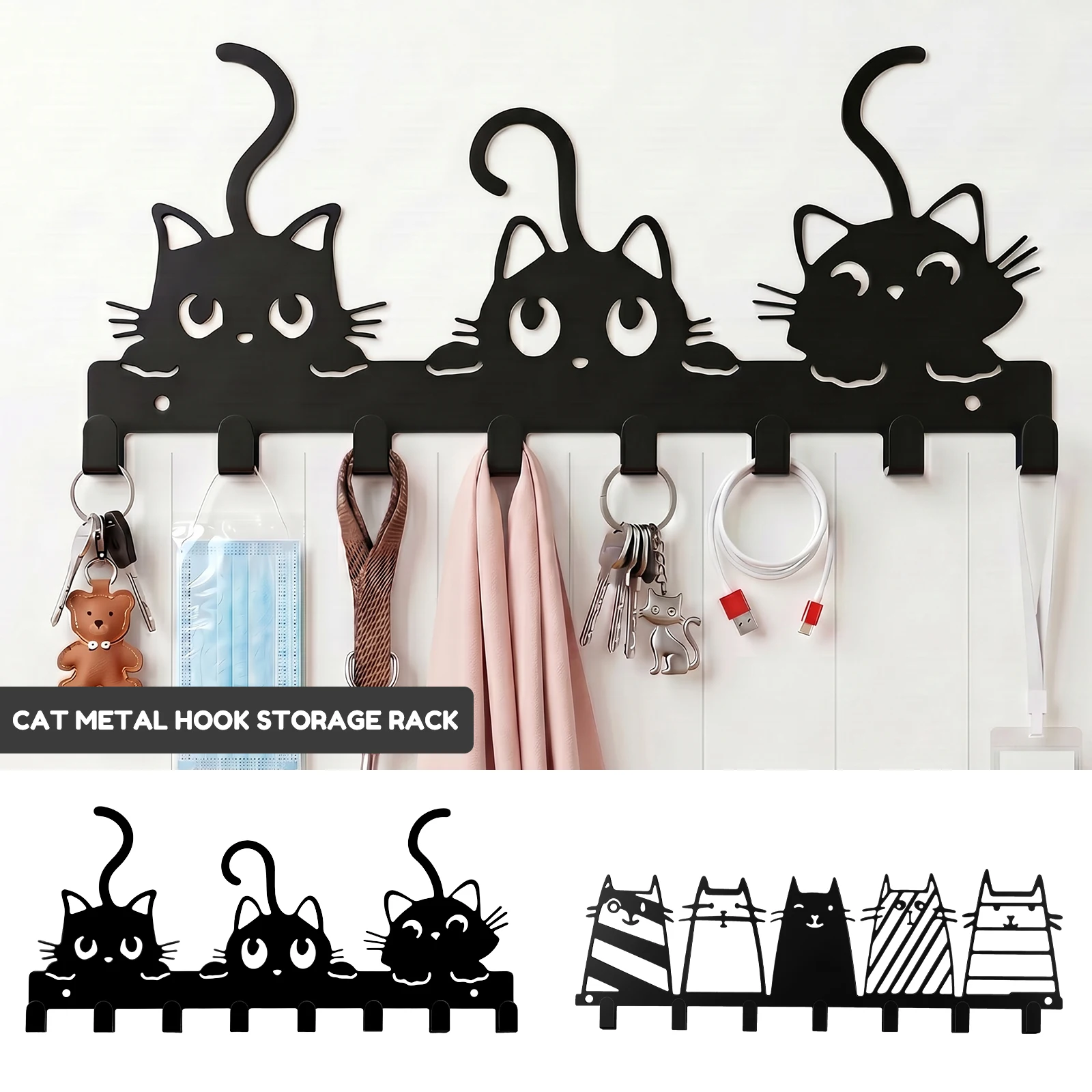 Wall Mount Key Holder Metal Black Cute Cat Pattern Wall Storage Hook with 8/7 Hooks Multipurpose Key Holder for Entryway Kitchen