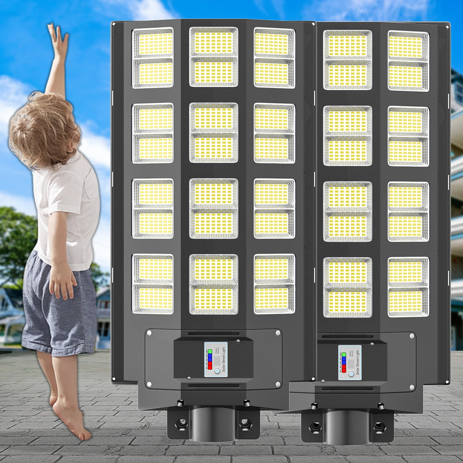 2-Pack 5000W Super Bright Solar Street Light, IP65 Waterproof LED Commercial Flood Light, Motion Sensor & Remote Control, Dusk-to-Dawn Auto Control, Adjustable Design, Easy Installation, Ideal for Yard, Patio, Garage, Driveway, Parking Lot & Outdoor Areas