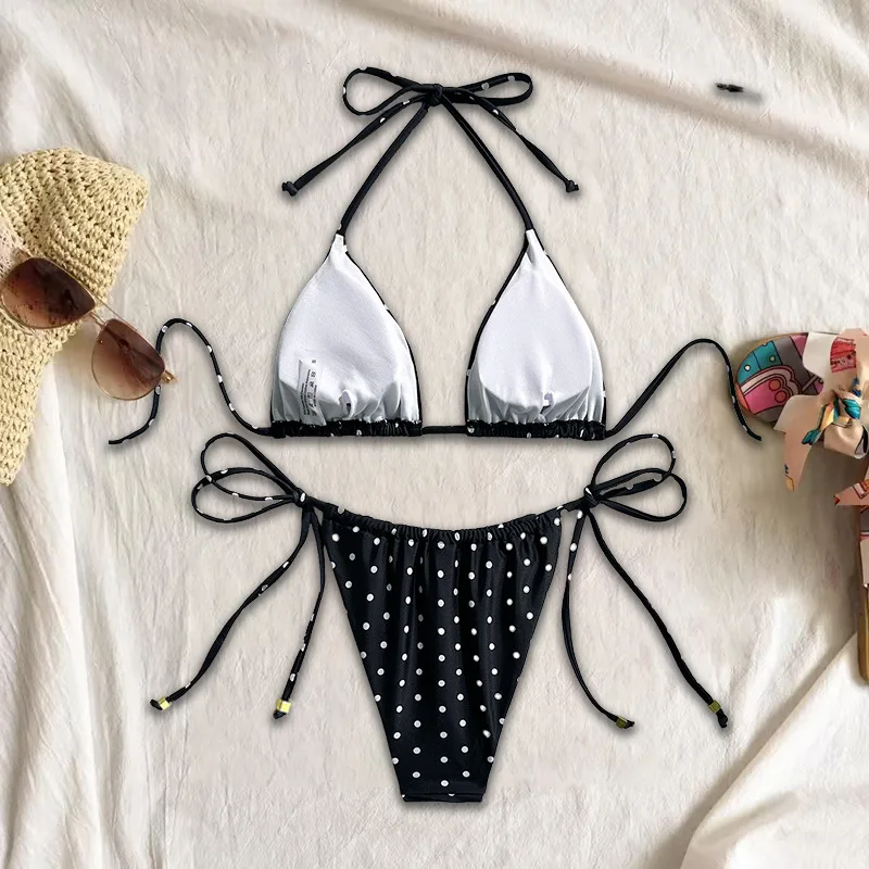 Women's Black & White Polka Dot Bikini Set Halter Triangle Tie Side Two Piece Swimwear Stylish Beach Pool Summer Vacation Outfit