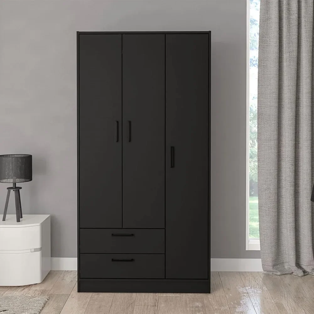 Armoire Wardrobes 3-Doors Wardrobe Wardrobe Bedroom Furniture 2-Drawers (Black) Cabinets CabinetClothing Cupboard Home