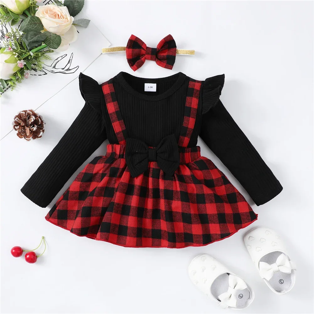 0-18 Months Newborn Baby Girls Christmas Dress Long Sleeve Patchwork Plaid Romper+Headwear Infants Holiday Party Autumn Clothing