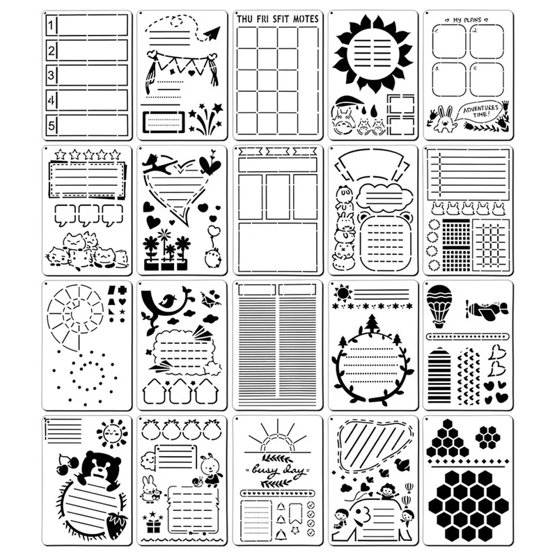 

20Pcs Journal Templates, Journal Stencils Kit,Reusable Planner Stencils For Scrapbook Notebook Card Calendars (14X20cm)