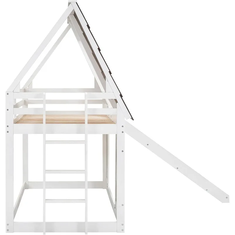 Twin Over Twin House Bunk Bed Frame with Roof,Window,Ladder and Slide for Boys Girls, White & Brown Home & Kitchen image 6