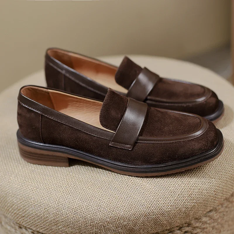 New Spring Sheep Suede Women Shoes Retro Round Toe Loafers Casual Thick Heel Slip-On Shoes for Women Zapatos Mujer Women Pumps