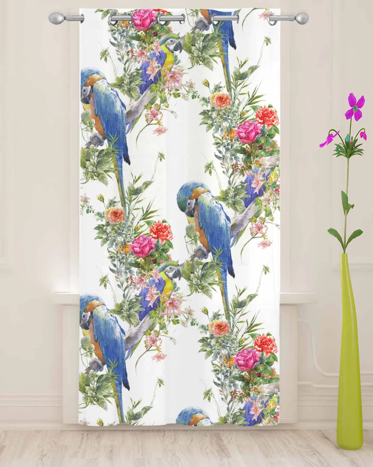 Watercolor Hand-Painted Flower Parrot Retro Sheer Curtains for Living Room Printed Tulle Window Curtain Luxury Home Decor Drapes