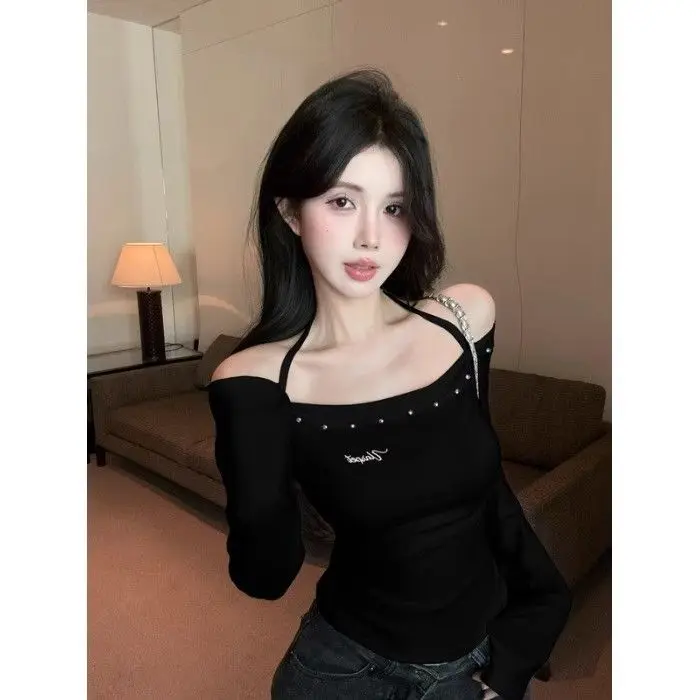 

Pure Desire Spice Girl One-word Shoulder Rivet Neck Design Long-sleeved T-shirt Spring and Autumn New Slim-fit Short Top Women