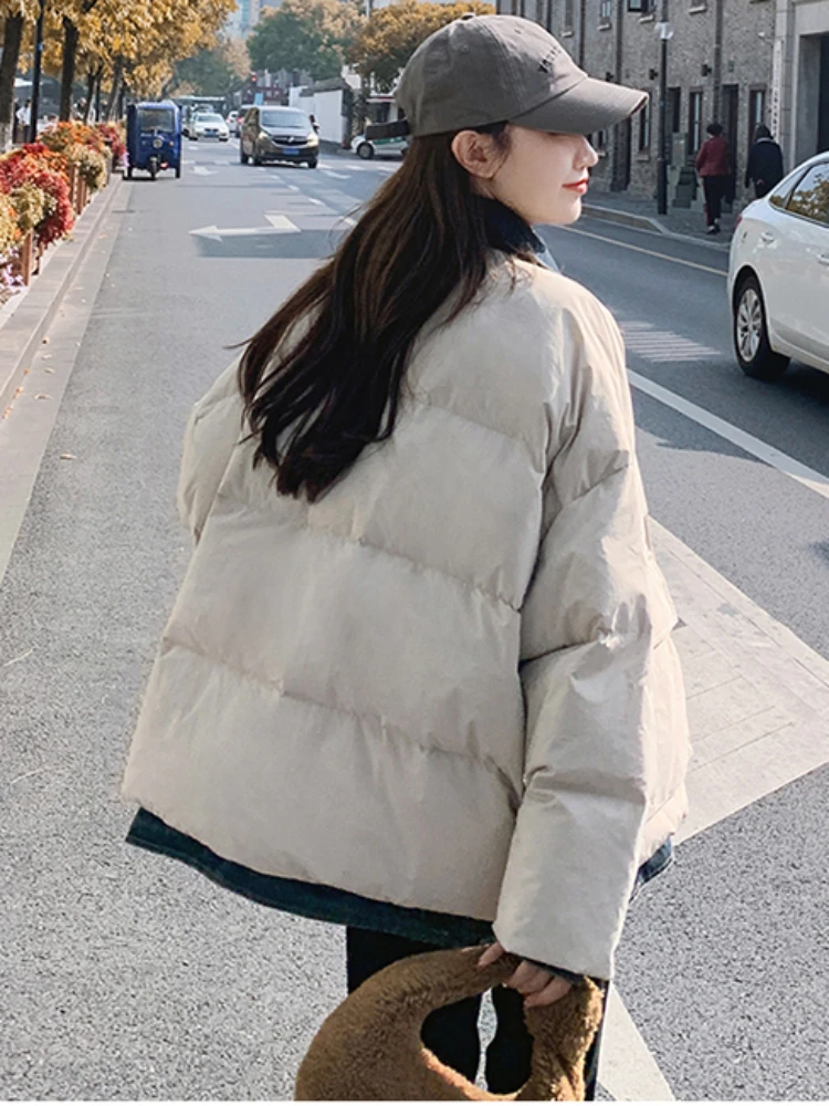 FTLZZ Autumn Winter Women Denim Patchwork Puffer Parka Outwear Casual Loose Lapel Single Breasted Jacket White Duck Down Coat