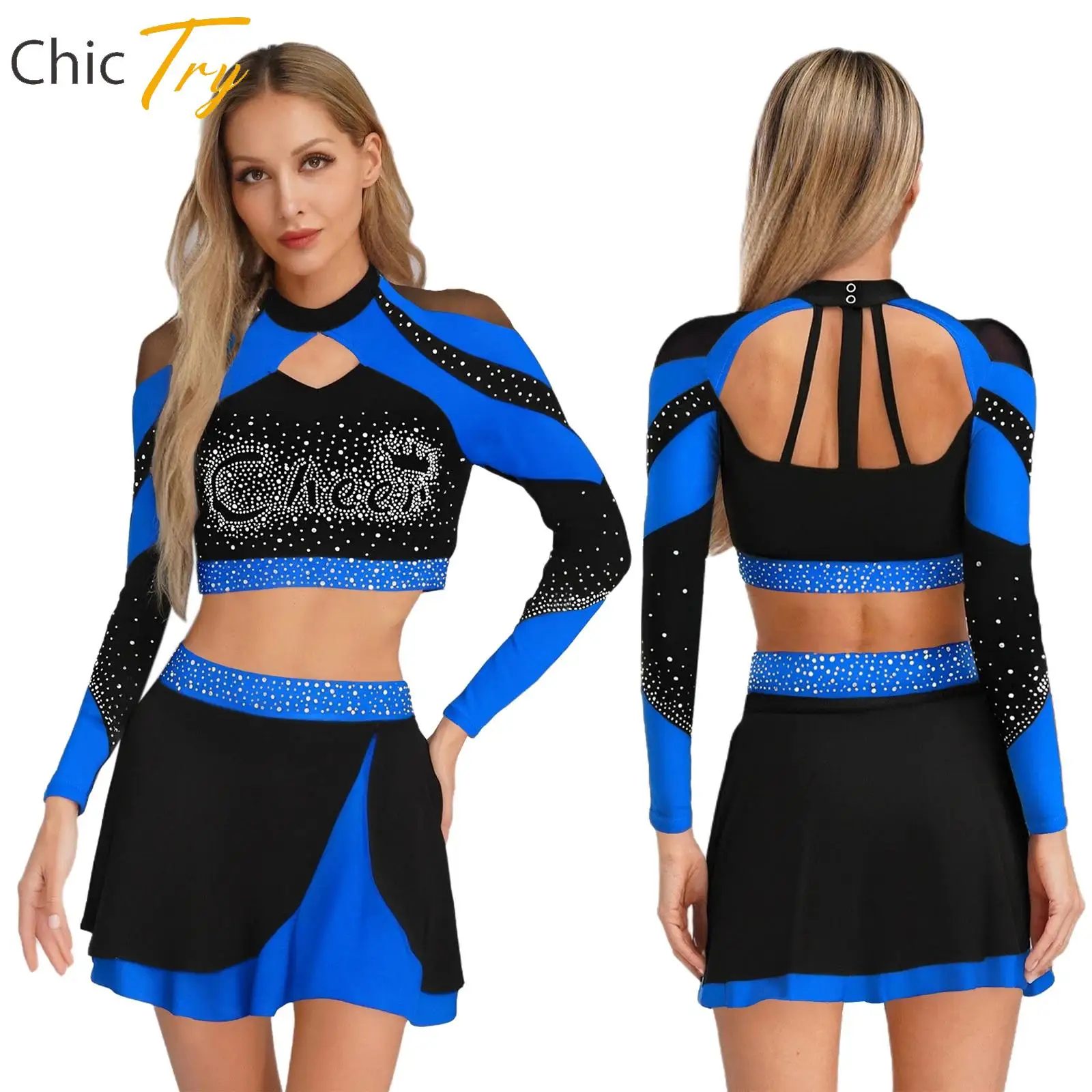 

2 Pcs Women Cheerleading Uniform Outfit Long Sleeve Rhinestone Hollow Out Crop Top with Skirt for Modern Dance Stage Performance