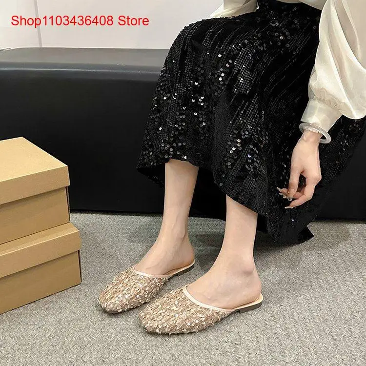 Summer Sequins High-End Temperament Casual Flat Bottomed Cool Slippers Half Flip Flops Shoes for Women