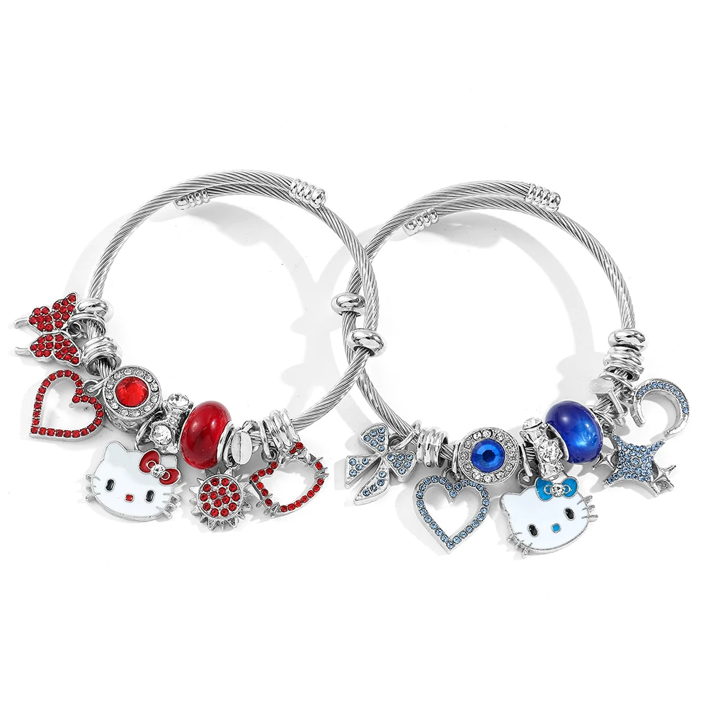 Anime Sanrio Hello Kitty Charms Bracelet Metal Bead Red Blue KT Cat Pendant DIY Bracelet For Couples Gifts Hand Jewelry