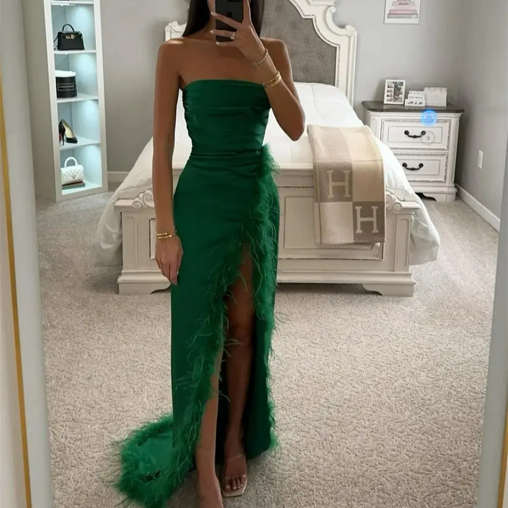 

Sheath Green Party Dresses Strapless High Slit With Feathers Backless Draped Sweep Train Women's Sexy Prom Evening Gown