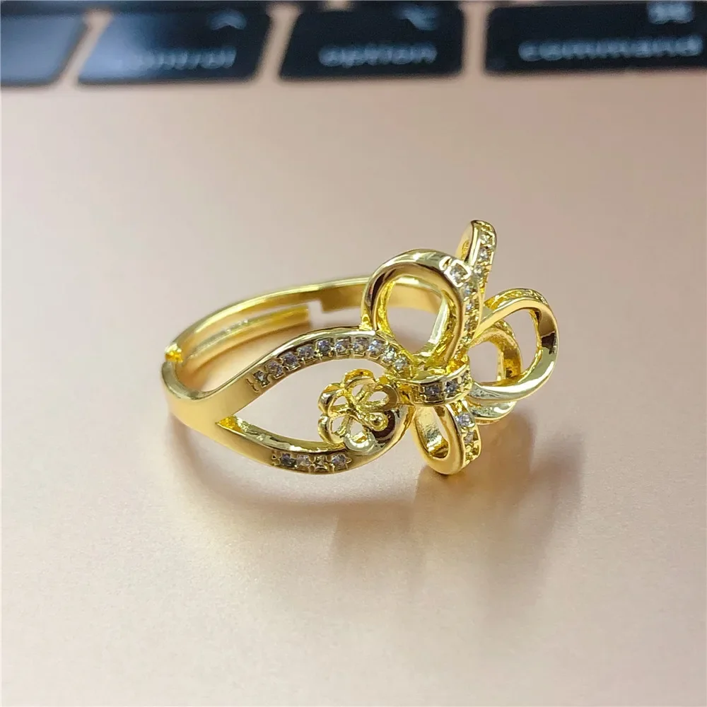 18K Plated Gold DIY Hand Pinto Ring Paste Ring Face Half Hole Bead Needle Inlaid Pearl Opening Ring Accessories No Pearl E137