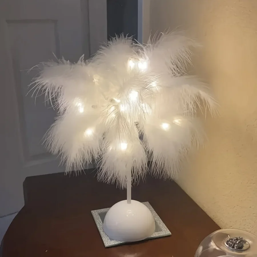 Creative Feather Table Lamp Warm White Light Tree Feather Lampshade Girl LED Wedding Decorative Lights Birthday Gift Home Decor