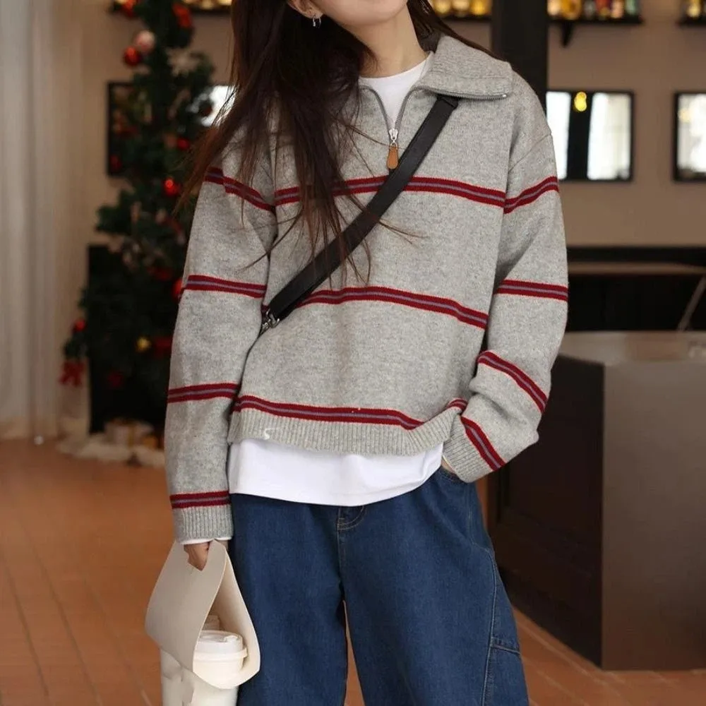 

Fashion Long Sleeve Knit Stripe Hoodie Autumn Casual Crochet Knitwear Sweater Women Top Sweet Girl's Pullover Spring/Winter