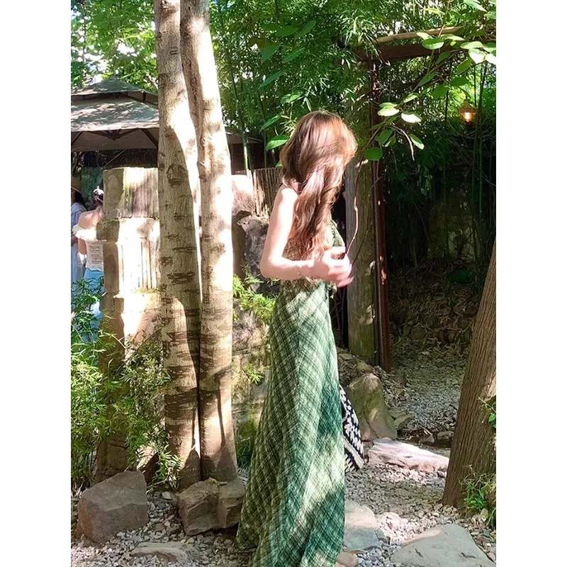 

Элегантное летнее платье с V-образным вырезом, в клетку, с открытыми плечами, длинное, приталенное, с завышенной талией, А-силуэт, новая модель, красивое платье для женщин