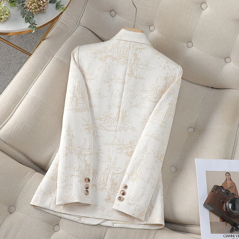 Herfst Winter Vintage Chinese Stijl Beige Print Elegante Festival Blazers Vrouwen Lange Mouw Single Breasted Jas Mode Populair