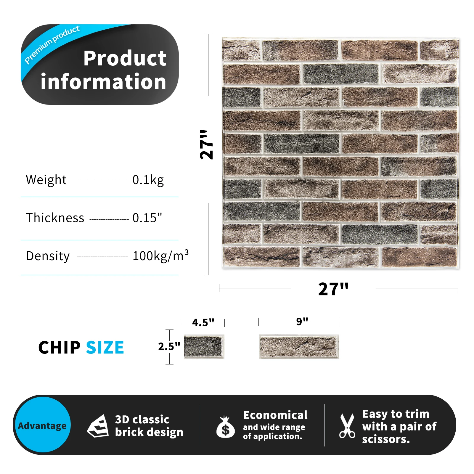 Art3d 20-Pack Gray Brown 3D Faux Brick Wall Panels, 27.5'' X 27.5'' Peel and Stick Foam Wall Tiles, Self Adhesive Interior Wall Decor, 105 Sq.Ft