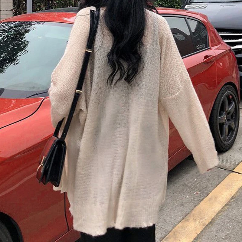 Women Summer Simple Oversized Thin Sun Protection Knitted Cardigan Female Casual Solid V Neck Long Sleeve Tunic Sunscreen Jacket