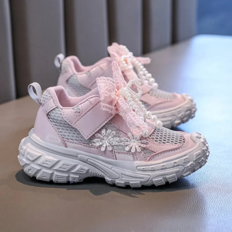 Korean Style Princess Summer Sport Shoes For Girls Mesh Breathable Teenager Girl's Sneakers Trend Fashion Pearl Party Sneakers
