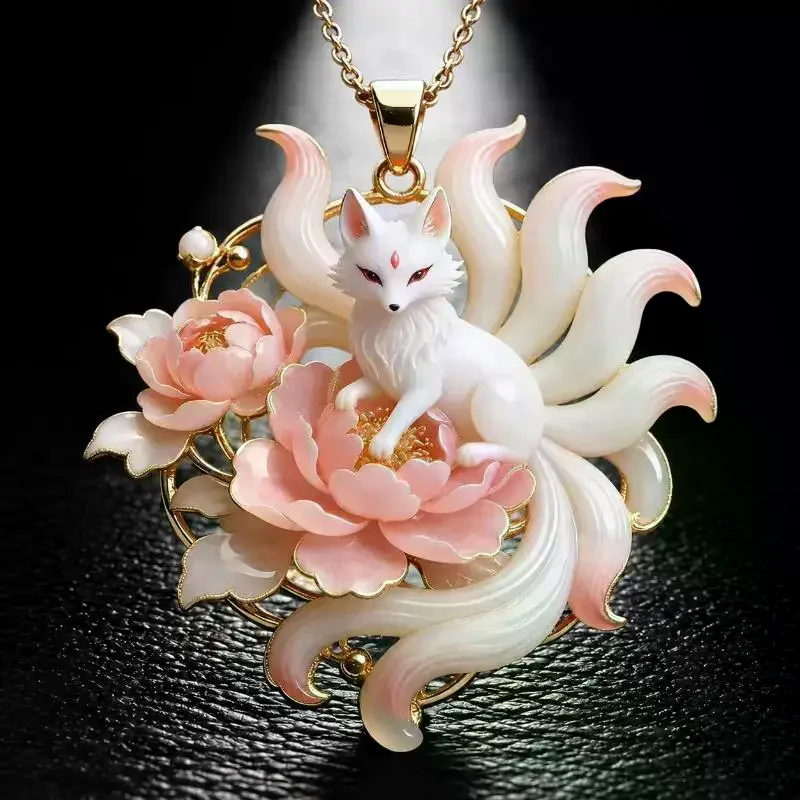 Nine Tailed Fox Enamel Pendant Necklace Chinese Mythology Style Dainty Hypoallergenic Jewelry for Women Daily Wear Gift