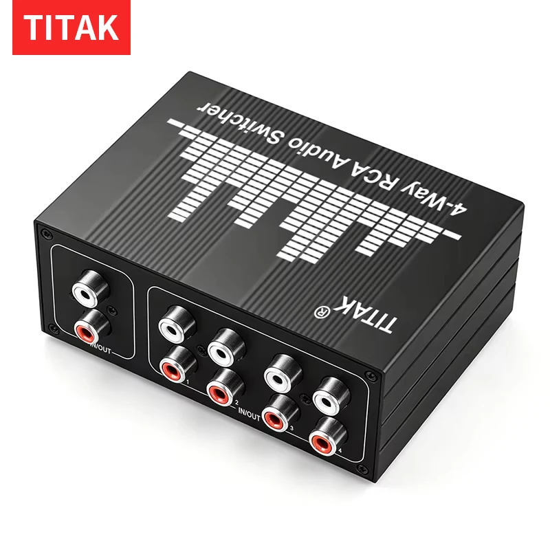 4-Way RCA Stereo Audio Switcher Bi-Directional 1-in-4-out 4-in-1-out L/R Sound Selector Box for Studio Monitor