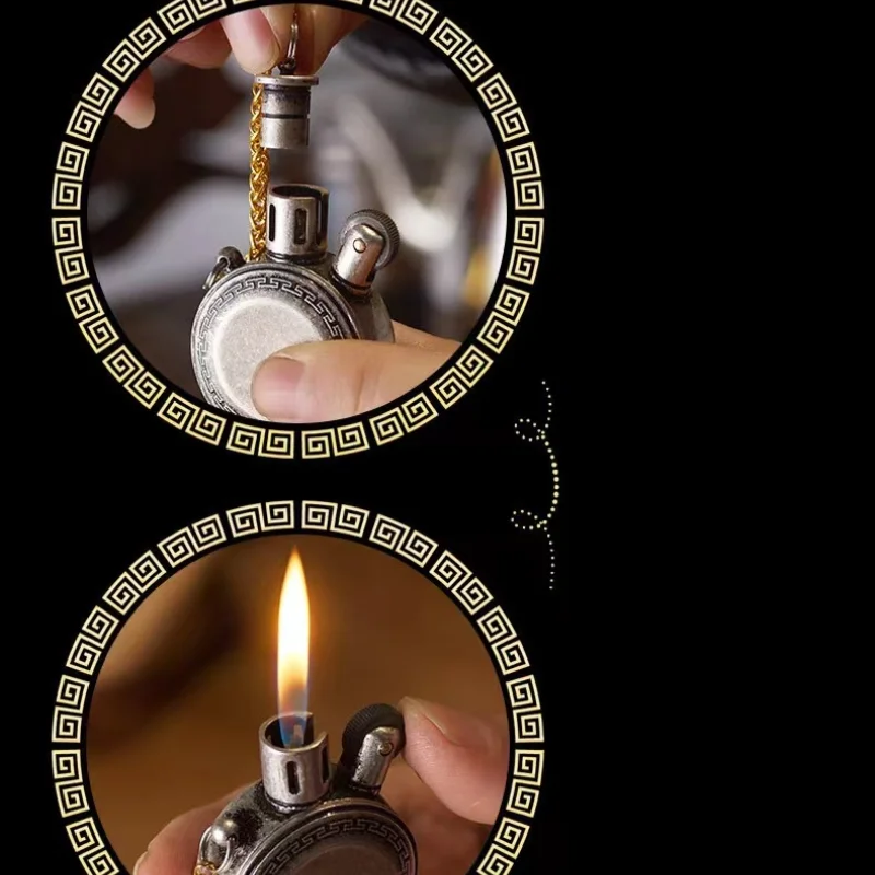 2024 Retro Pocket Watch Kerosene Lighter Mini Portable Gasoline Lighters Classic Vintage Oil Round Metal Unusual Men\'s Gift