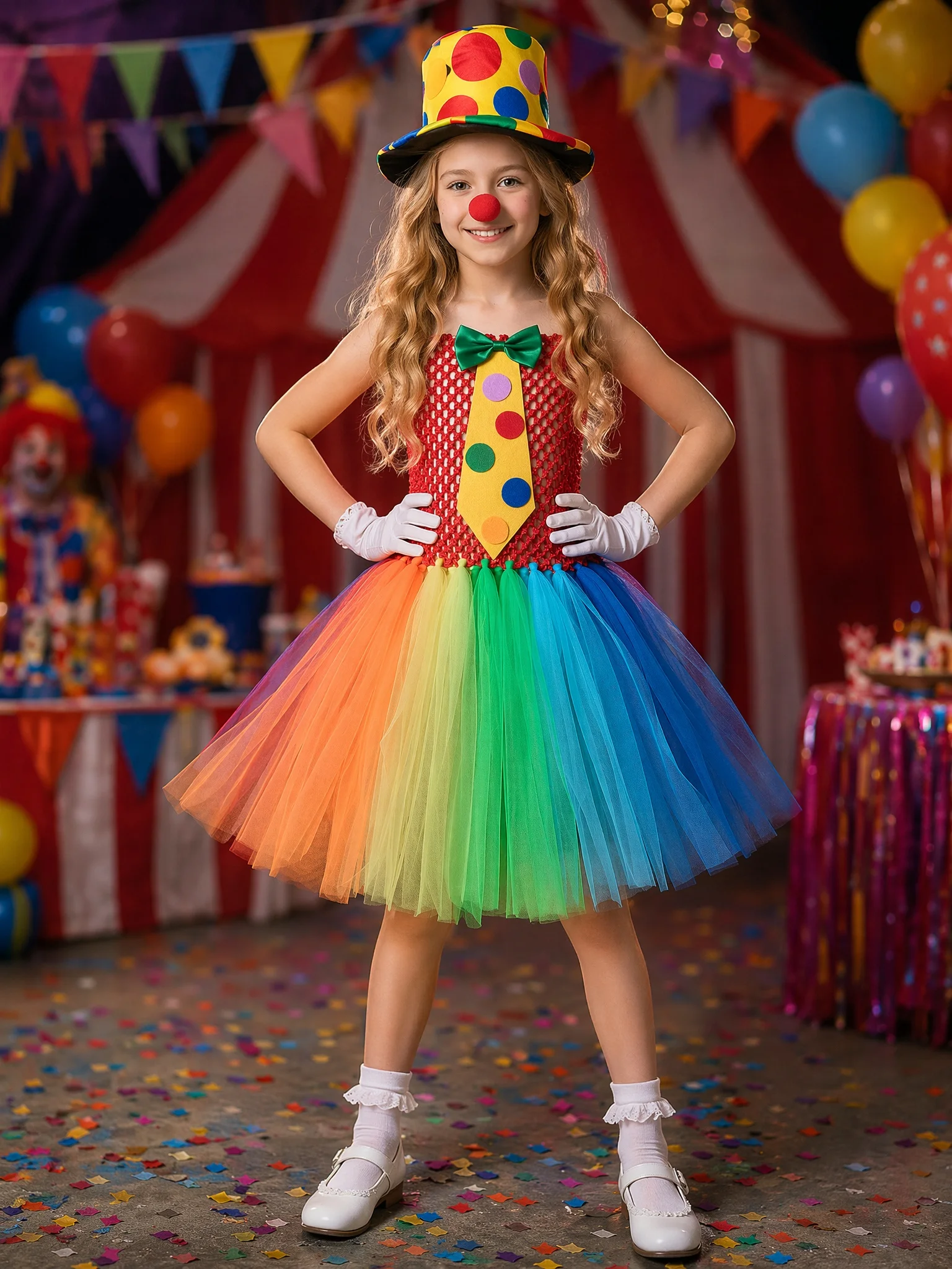 Circus Clown Costume for Girls Carnival Festival Halloween Dress Up Outfit Kids Colorful Rainbow Funny Clown Tulle Tutu Dress