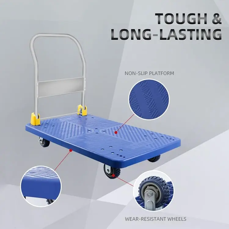 Carrito de mano plegable para carga y almacenamiento, capacidad de peso de 1320lb, ruedas giratorias de 360 grados, color azul