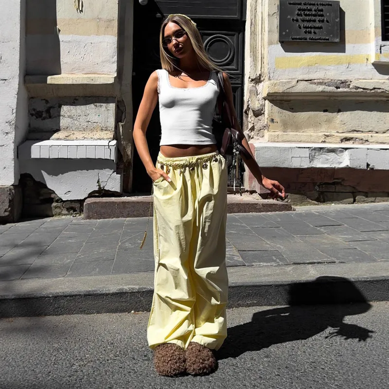 2025 Autumn Women Cargo Pants Yellow Cotton Baggy Trousers Low Waist Drawstring Elastic Waist Wide Leg Streetwear Long Pants New