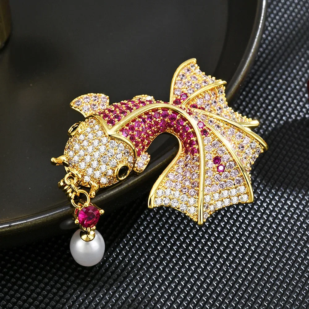 Trendy Red Koi Fish Rhinestone Brooches for Women Unisex Vintage Carp Fish Animal Brooch Pin Coat Suit Office Party Gifts