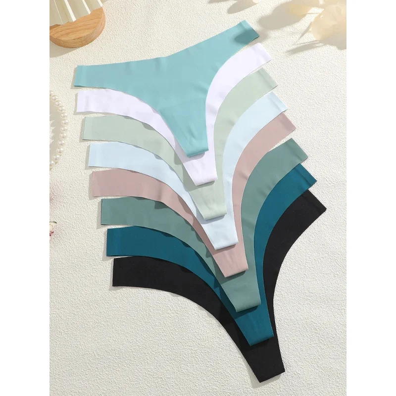 5Pcs Ice Silk Seamless Thongs Women's V-Waist Solid Color Panties Sexy Breathable Low Rise Underwear Invisible Bikini Lingerie