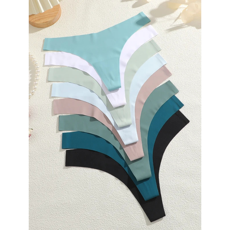  5Pcs Ice Silk Seamless Thongs Women's V-Waist Solid Color Panties Sexy Breathable Low Rise Underwear Invisible Bikini Lingerie 