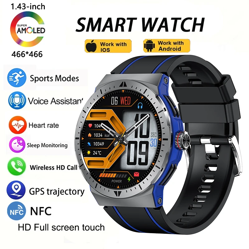 GEJIAN Smartwatch Sportivo con Schermo AMOLED da 1,43 Pollici, NFC, Monitoraggio della Salute, Chiamate Bluetooth, IP68, GPS, Tracciamento Sportivo