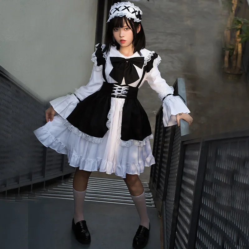 Roupa de empregada feminina anime lolita vestido bonito bamнич calzoncillos mucam avental preto e branco vestido masculino café traje cosplay