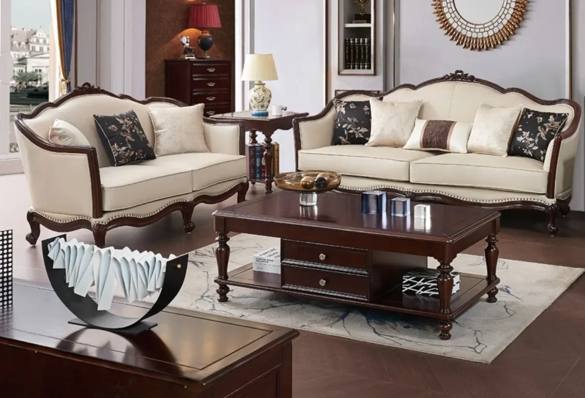 American sofa leather off-white simple living room furniture European vintage sofa top layer cowhide