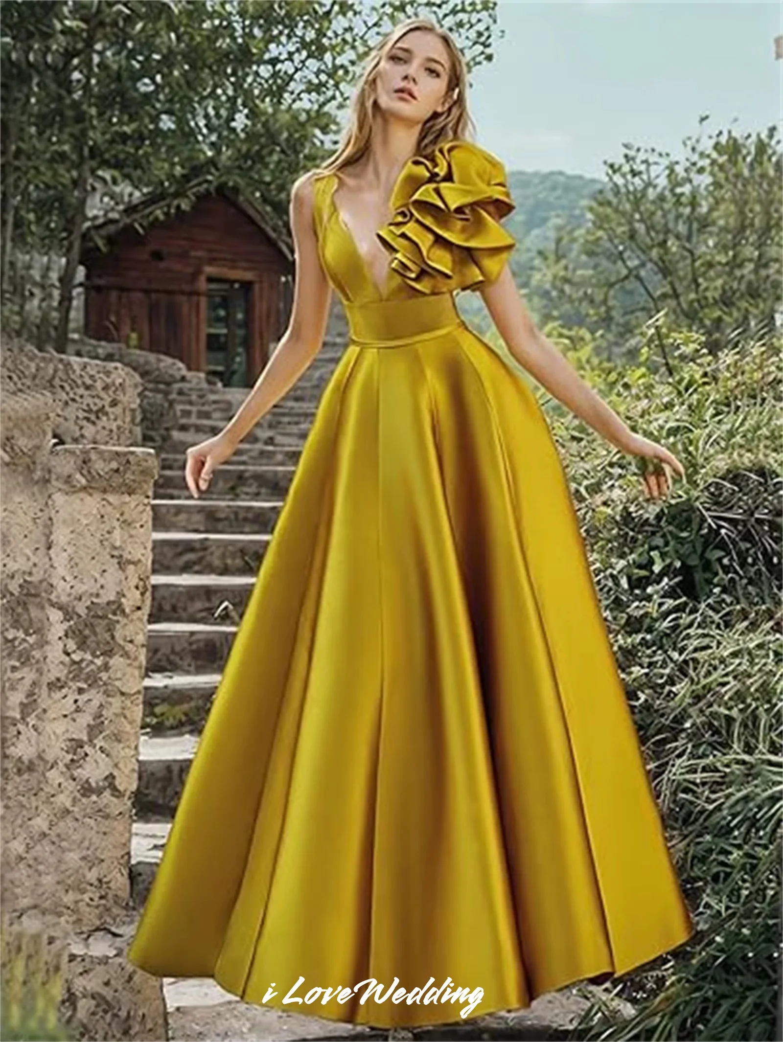 

Women's V-Neck Prom Dresses 2025 Satin Sleeveless A-Line Ruffles Ruched Back Buttons Floor-Length Wedding Guest Dress Customized