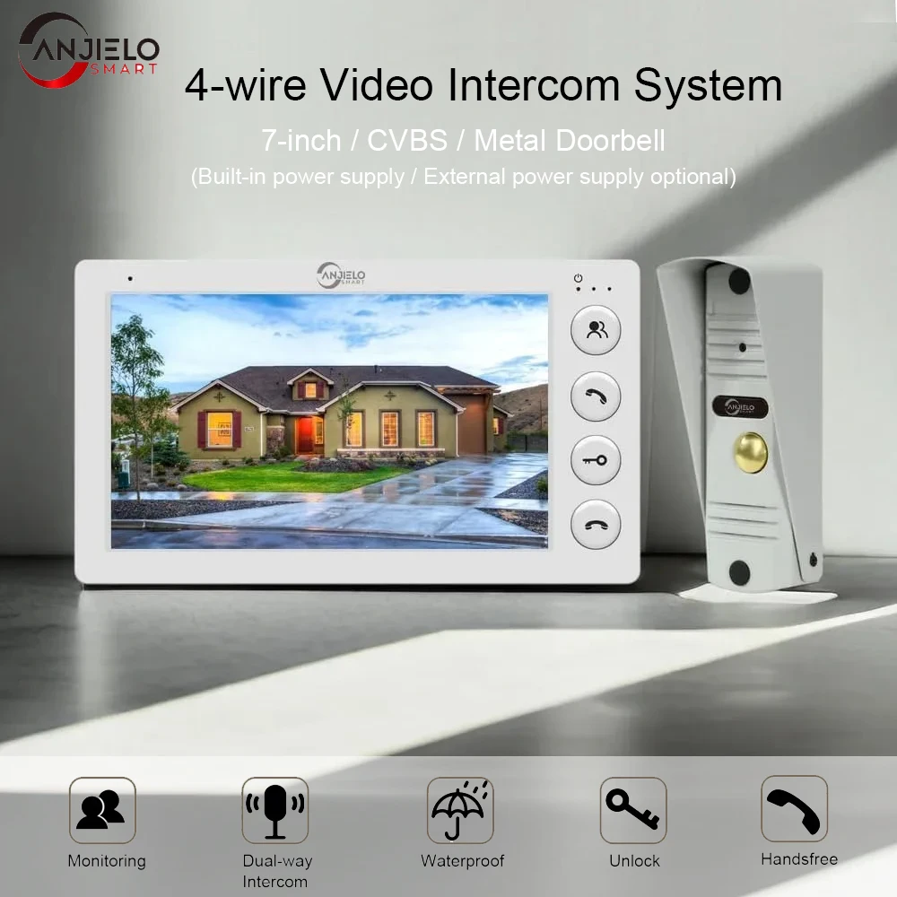 ANJIELO 7 Inch 4-Wire Video Door Phone 1000TVL HD Video Intercom IP65 Metal Outdoor Doorbell Home Security Entry Intercom System