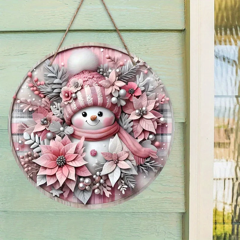Rosa Weihnachts-Schneemann-Holzschild, 2D-Relief-Effekt aus rosa Weihnachtskranz-Schild für Haustür, Wandbehang, Dekor, ideal – Detail 6