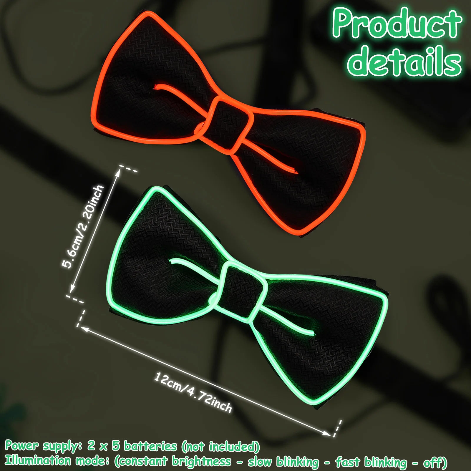 2 ชิ้นแฟชั่น Light Up Bow Tie Creative Glowing Bow Tie อเนกประสงค์นีออนอุปกรณ์เสริมสําหรับผู้ชายผู้หญิง Party Prom Show วันหยุด
