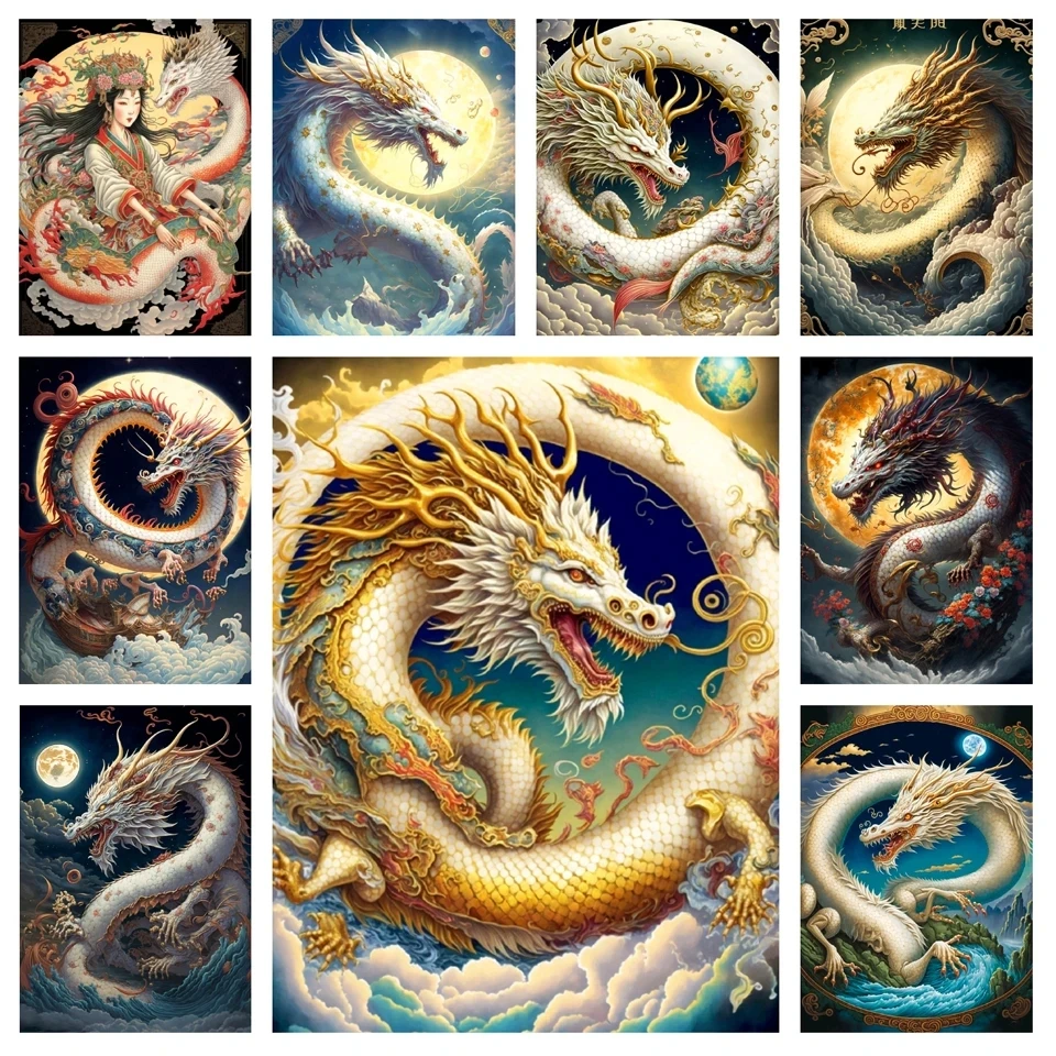 5d Diy Chinese Style Gold Dragon Moon Diamond Painting,New 2023 Full Drills Mosaic Embroidery Fantasy Forest Fairy Crystal Y867