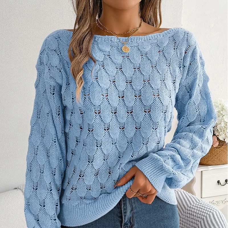 Autumn and Winter Women\'s Pullover One Line Neck Feather Hollow Off Shoulder Lantern Sleeve Sweater Fashion Long Sleeve Tops