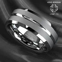 8mm Siver  Tungsten Men Channel Stripe Center Comfort Fit ATOP Wedding Band Ring