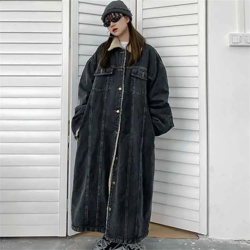 2023 Winter Lamb Wool Denim Coat Women\'s Mid length Korean Version Loose Fashion Commuter Show Thin Thickened Warm Cotton Coat