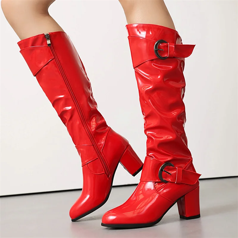 2024 Autumn Leisure Double Buckles Mid-calf Boots Ladies Block High Heel Banquet Party Women Shoes Black White Red Plus Size 43