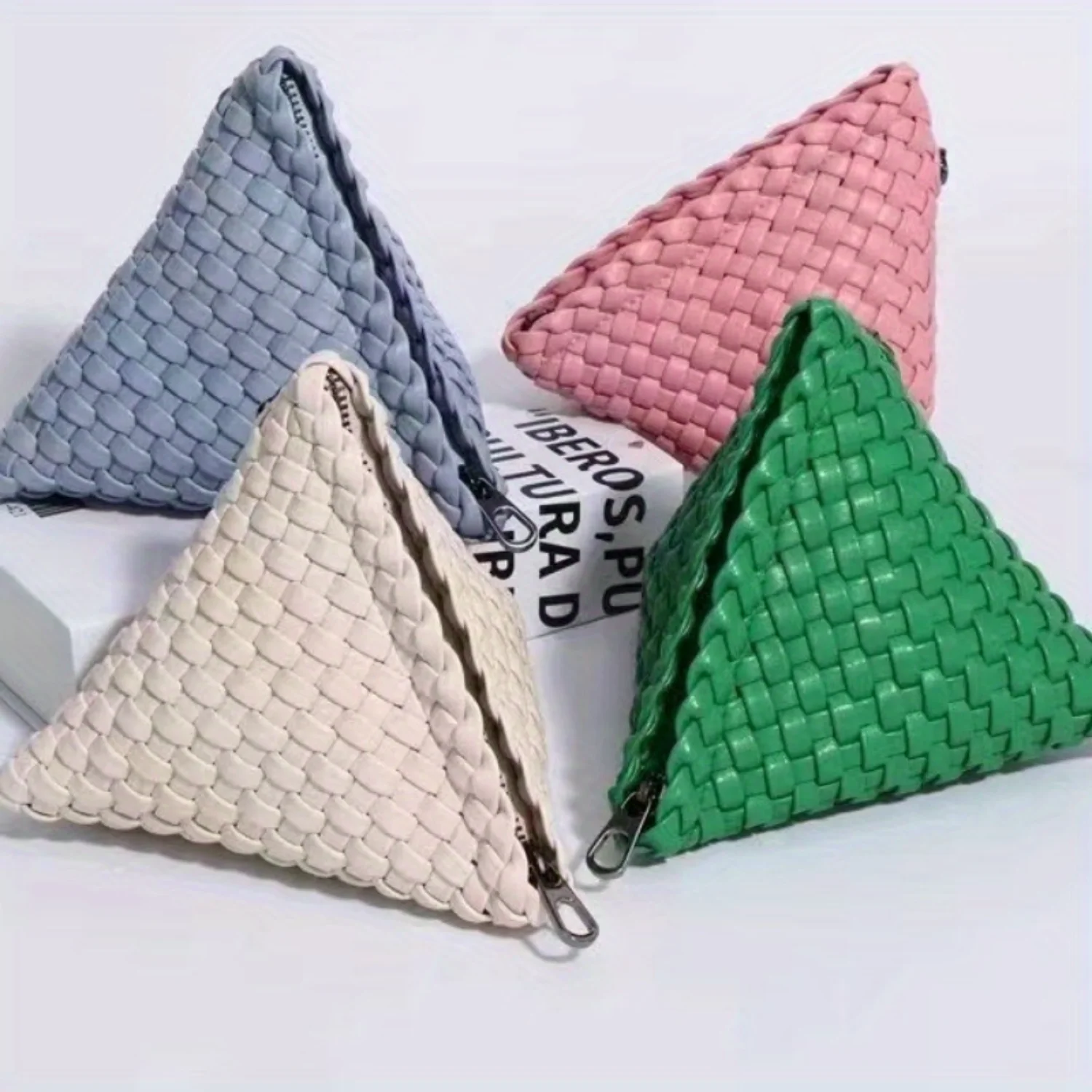 Stylish Braided Triangle Coin Purse with Mini Solid Color Zipper Pouch and Personalized Accessory Bag Including Wrist Strap