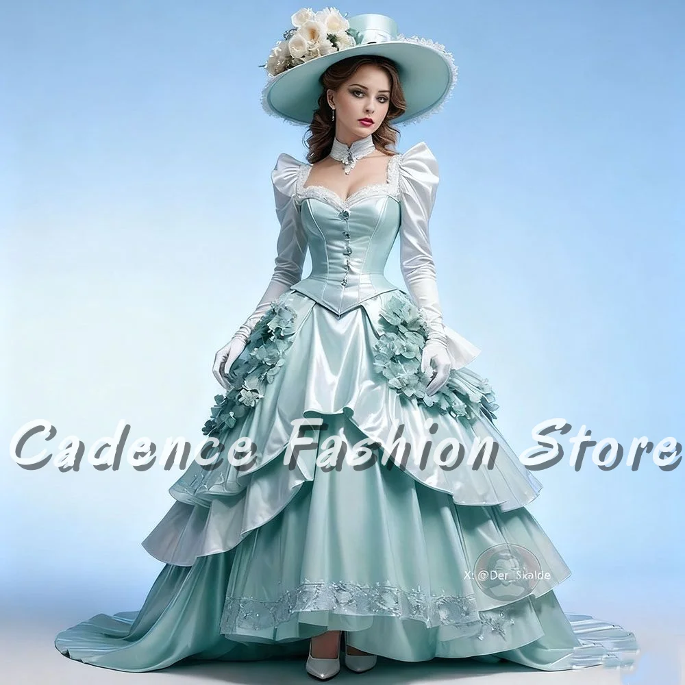 الأزرق الأبيض فساتين السهرة الفيكتورية طويلة الأكمام الدانتيل الكشكشة ألف خط مطوي الطابق طول مساء اللباس حسب الطلب #1