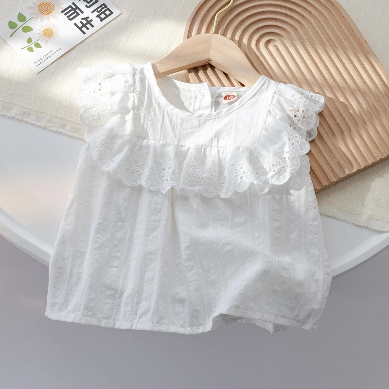 Girls Hollow Lace Cotton Tank Top 2024 Summer New Korean Baby Girl Ruffled Round Neck Sleeveless T-Shirts Casual White Tops