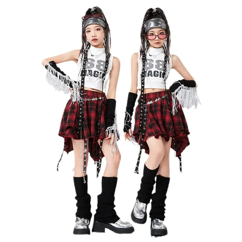 

Hip Hop Girls Crop Top Plaid Street Dance Skirt Kids Ribbon Pleated Skirts Teens Jazz Cool Costumes Child Streetwear Clothes Set