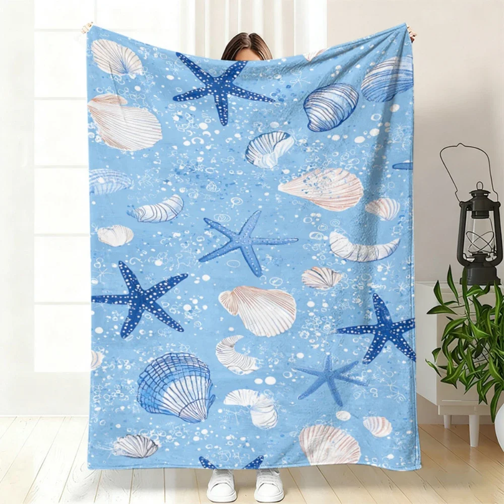 1pc Blue Starfish Seashell Ocean Print Throw Blanket warm sofa leisure room Blanket office lounge garden deck Birthday presents