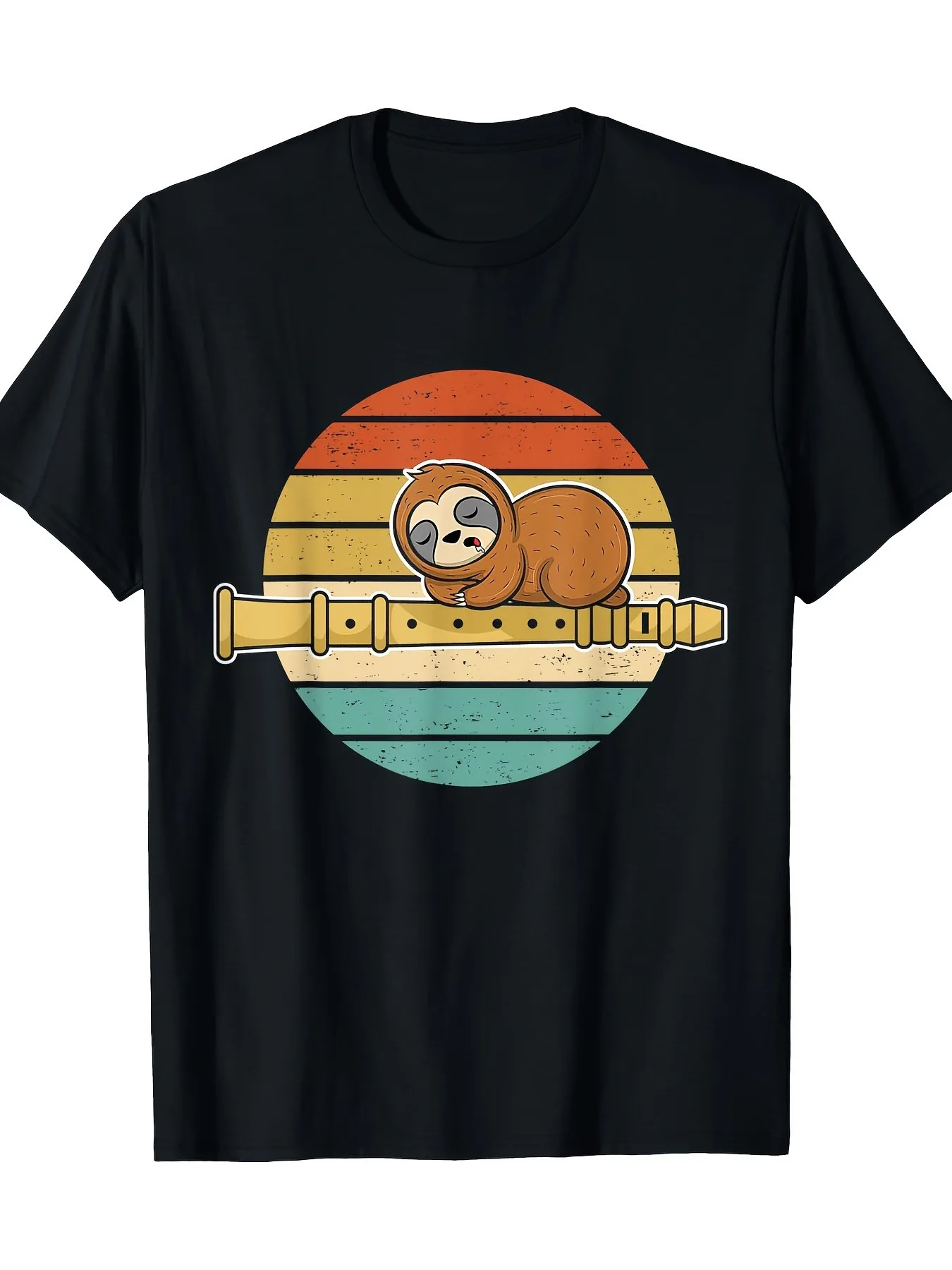 2026 Men'S Casual Cotton T-Shirt - Cute Sloth Flute Pattern, Short Sleeves, Crew Neck, Light And Breathable, Suitable for Casual